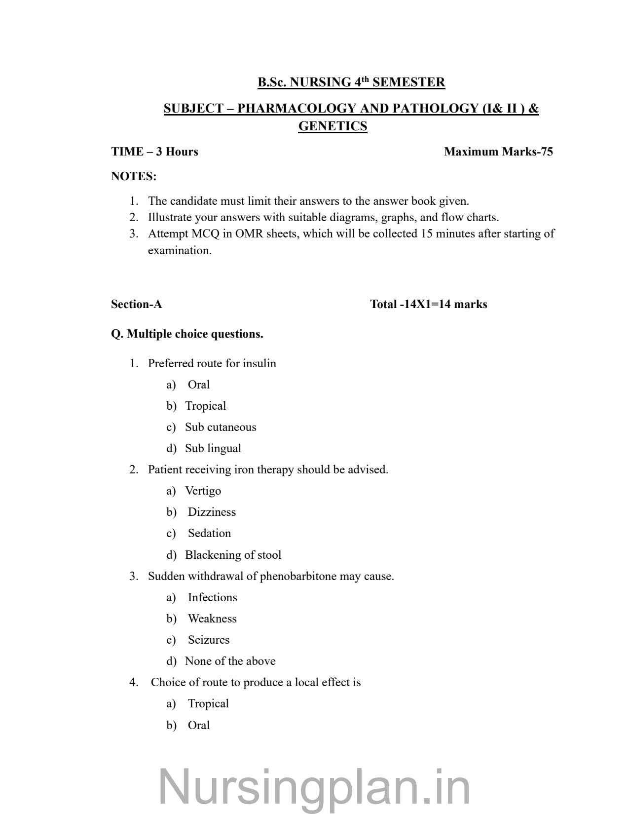 QUESTION PAPER- PHARMACOLOGY AND PATHOLOGY (I & II) & GENETICS (5TH SEMESTER) - Nursing Plan Online