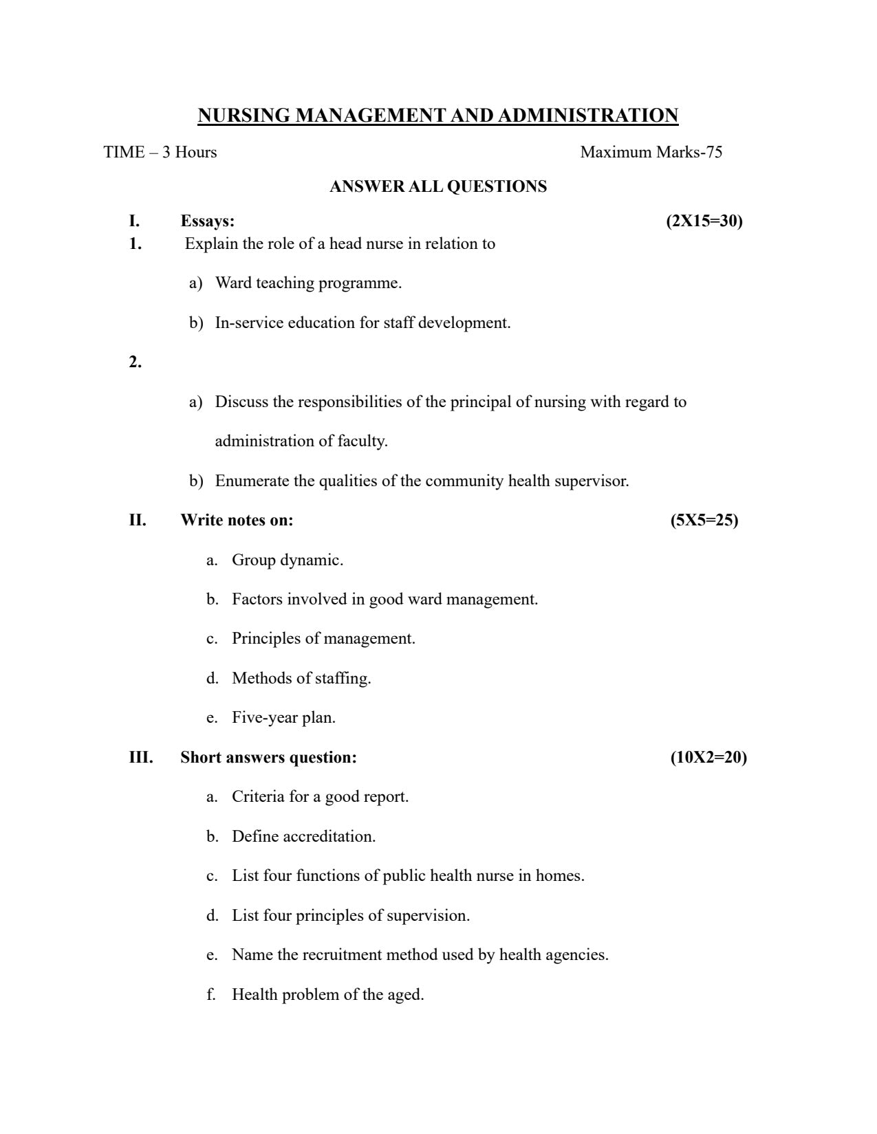 QUESTION PAPER- NURSING MANAGEMENT AND ADMINISTRATION