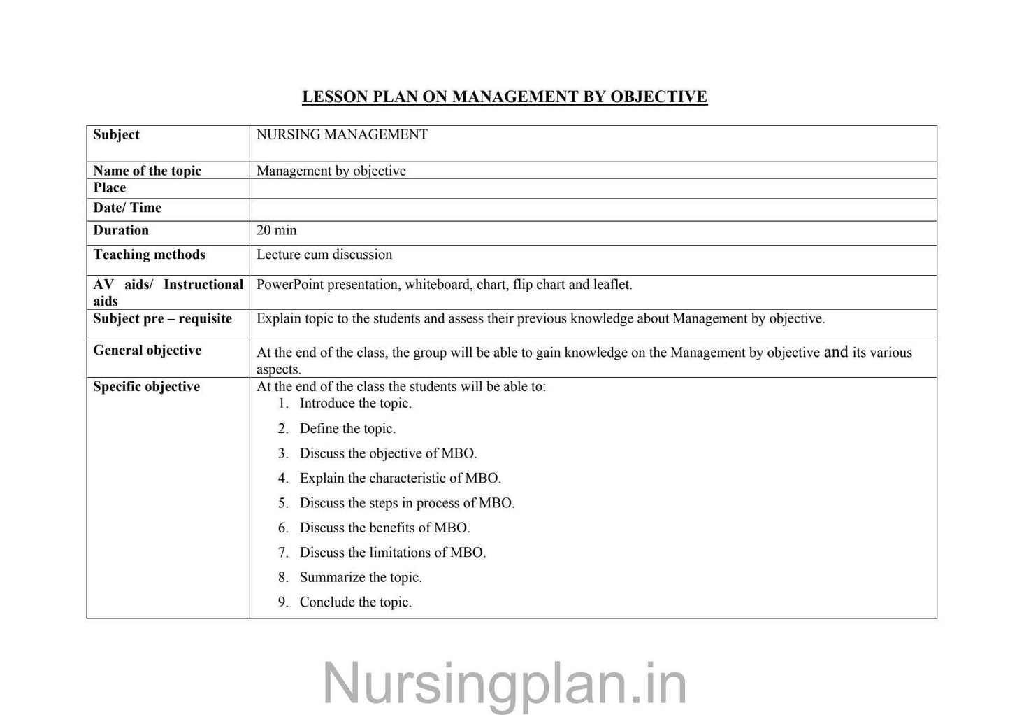 Management by objective (MOB) lesson plan