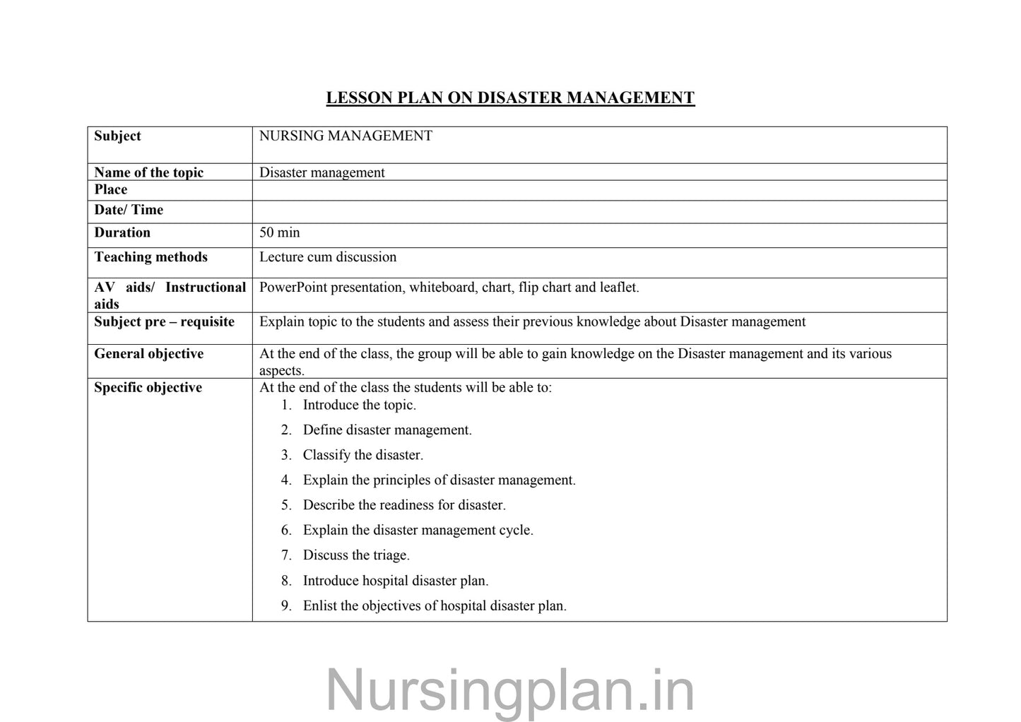 Disaster management lesson plan