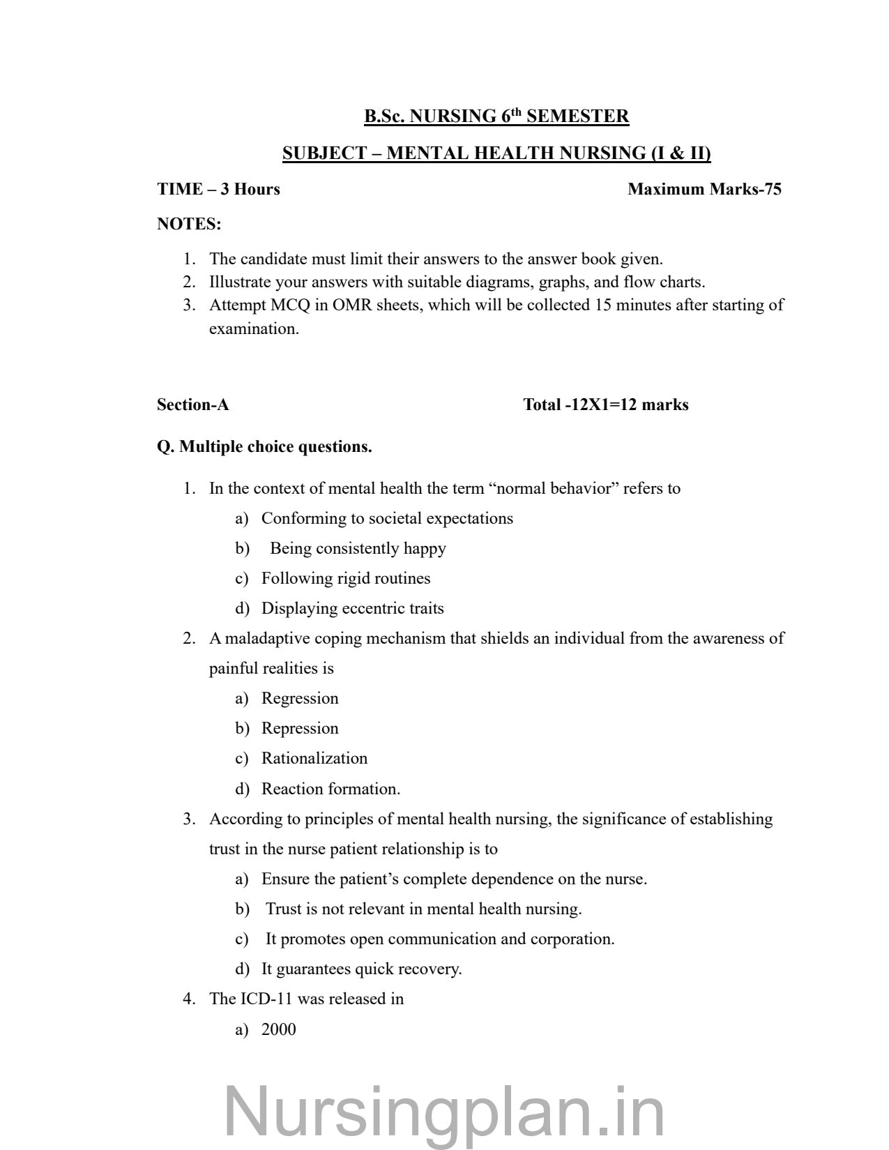 QUESTION PAPER- MENTAL HEALTH NURSING I & II - Nursing Plan Online