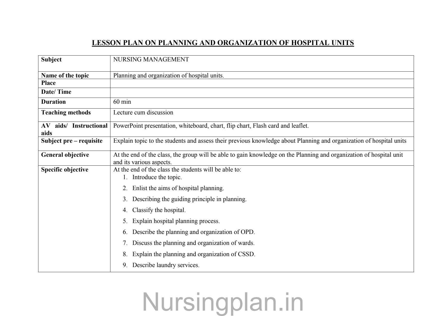 Planning and organization of hospital units lesson plan