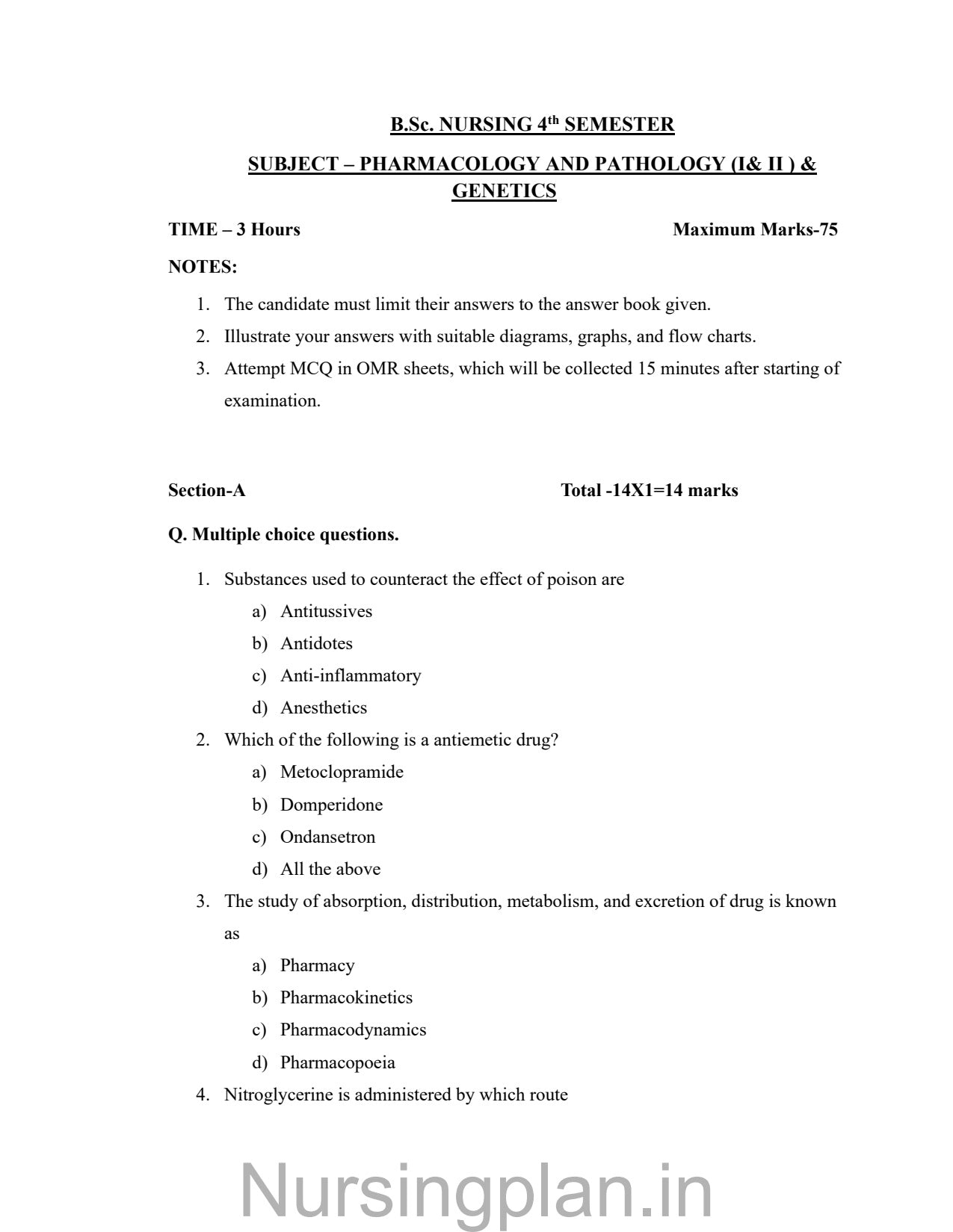 QUESTION PAPER- PHARMACOLOGY AND PATHOLOGY (I & II) & GENETICS (5TH SEMESTER) - Nursing Plan Online