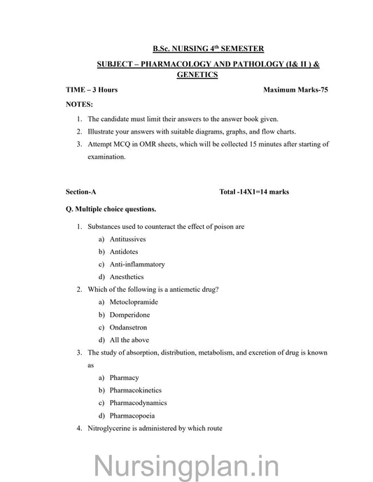 QUESTION PAPER- PHARMACOLOGY AND PATHOLOGY (I & II) & GENETICS (5TH SEMESTER) - Nursing Plan Online