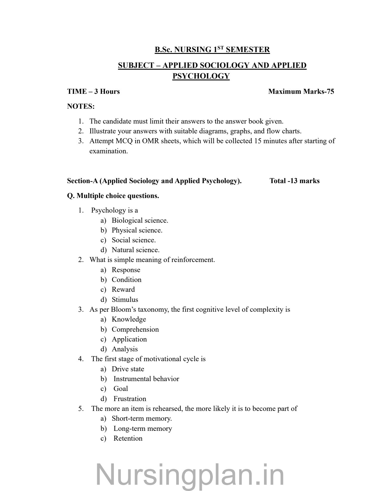 QUESTION PAPER- APPLIED SOCIOLOGY AND APPLIED PSYCHOLOGY