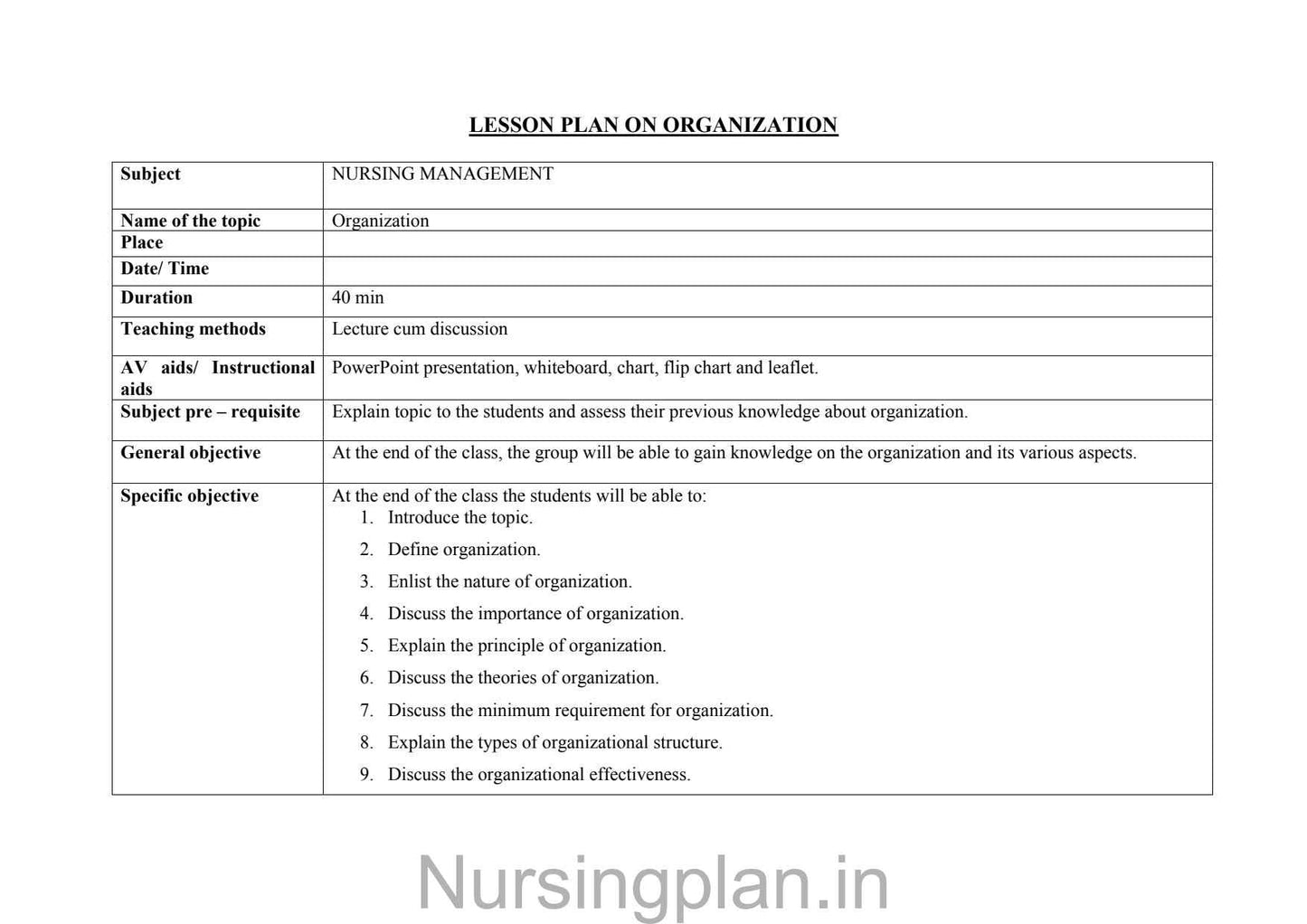 Organization lesson plan