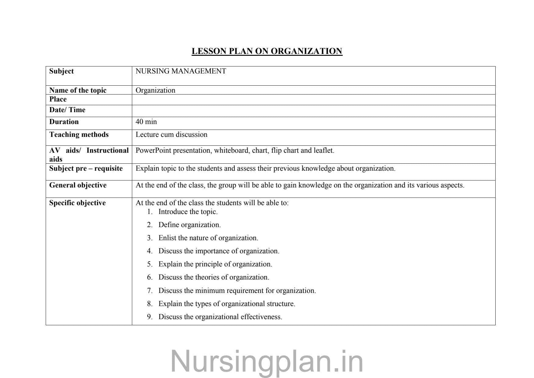 Organization lesson plan