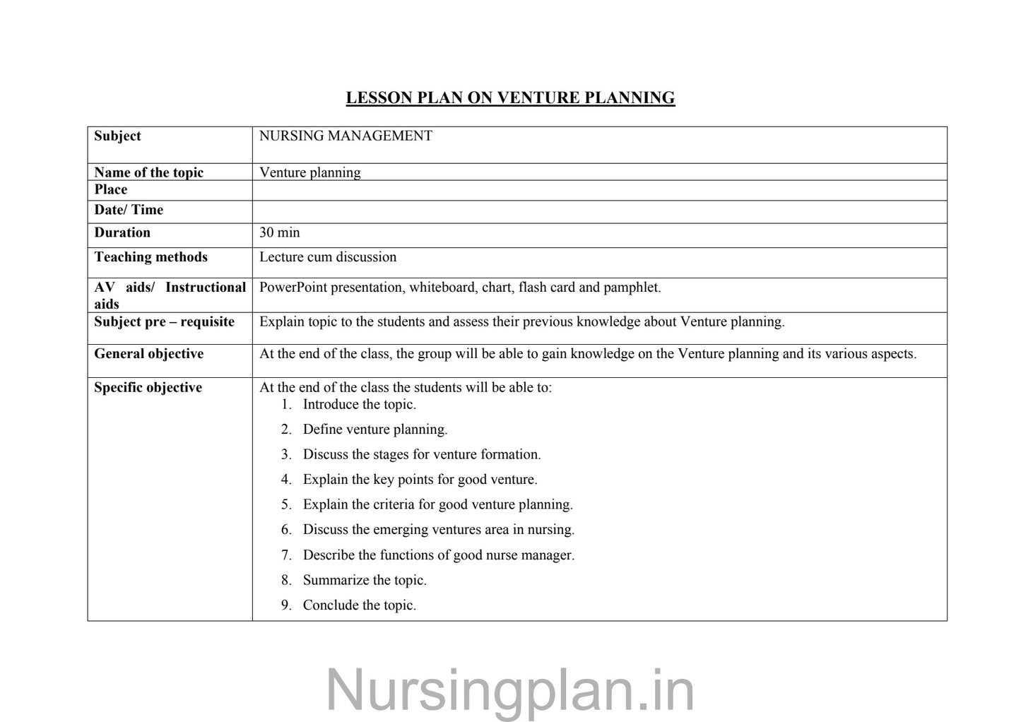 Venture planning lesson plan