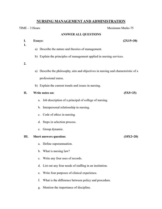 QUESTION PAPER- NURSING MANAGEMENT AND ADMINISTRATION