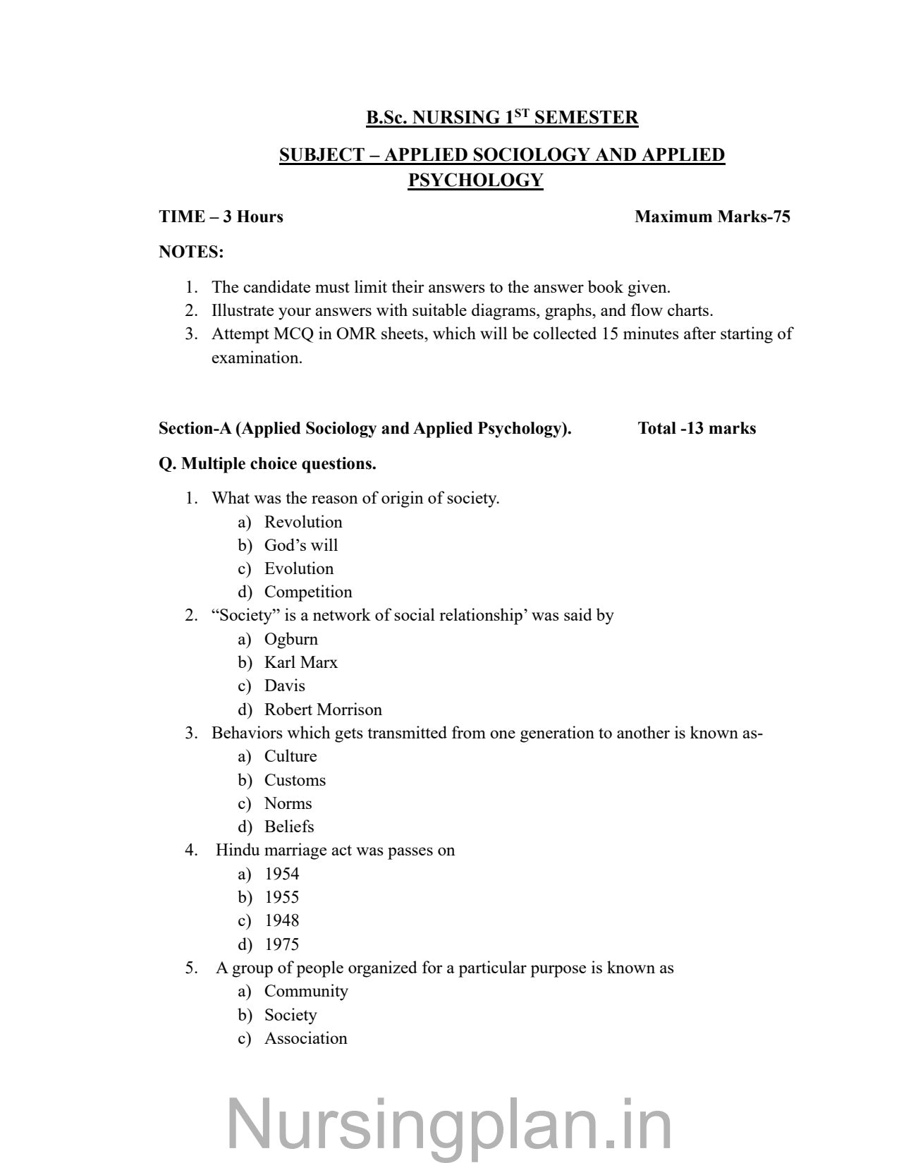 QUESTION PAPER- APPLIED SOCIOLOGY AND APPLIED PSYCHOLOGY