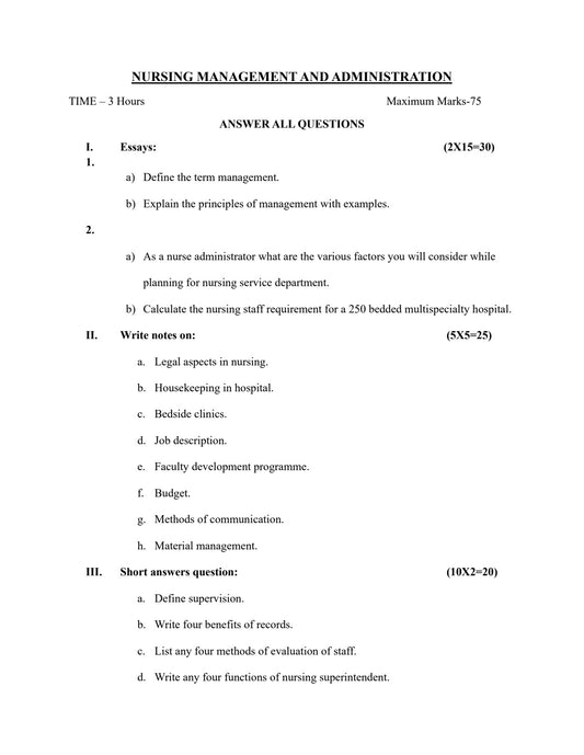 QUESTION PAPER- NURSING MANAGEMENT AND ADMINISTRATION
