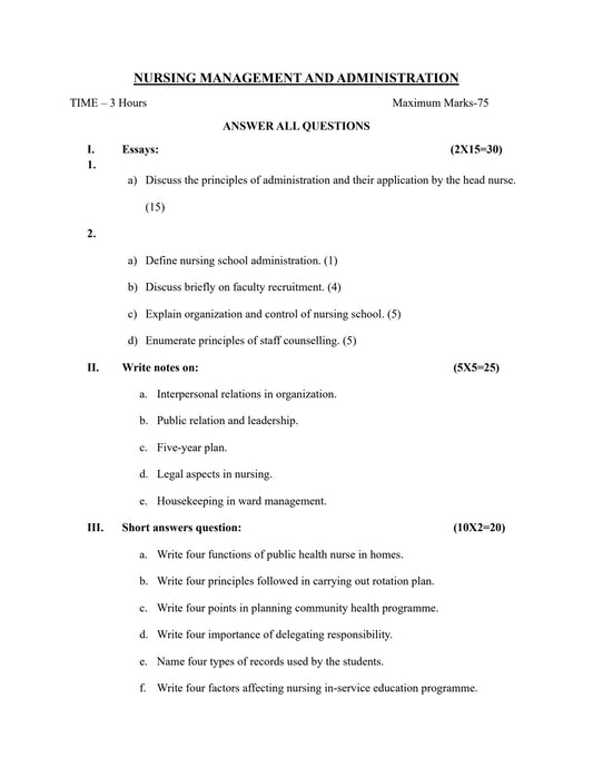 QUESTION PAPER- NURSING MANAGEMENT AND ADMINISTRATION