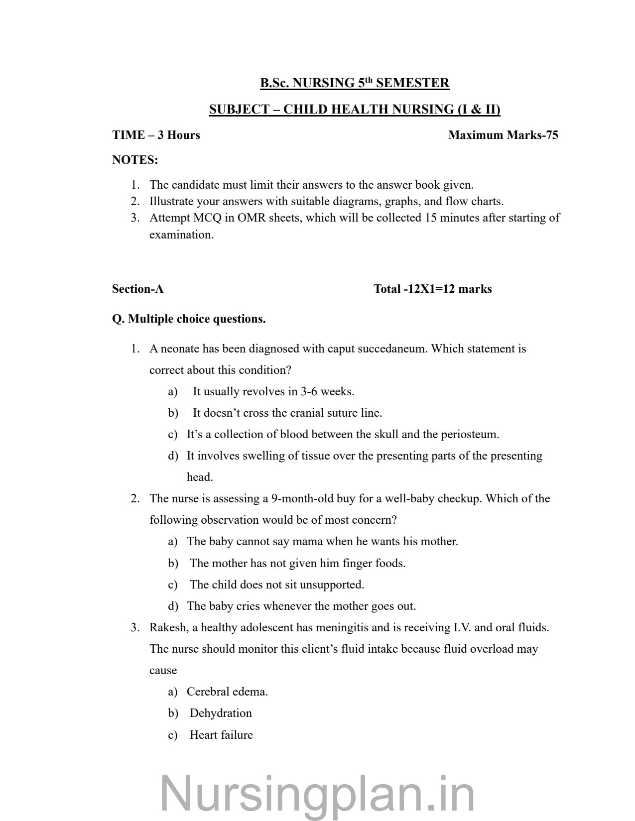 QUESTION PAPER- CHILD HEALTH NURSING (I&II) 5TH SEMESTER - Nursing Plan Online