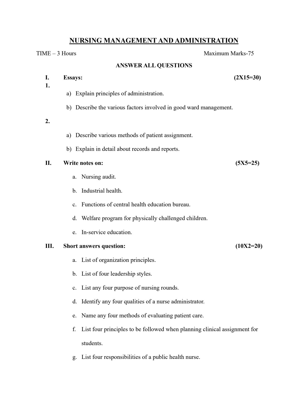 QUESTION PAPER- NURSING MANAGEMENT AND ADMINISTRATION