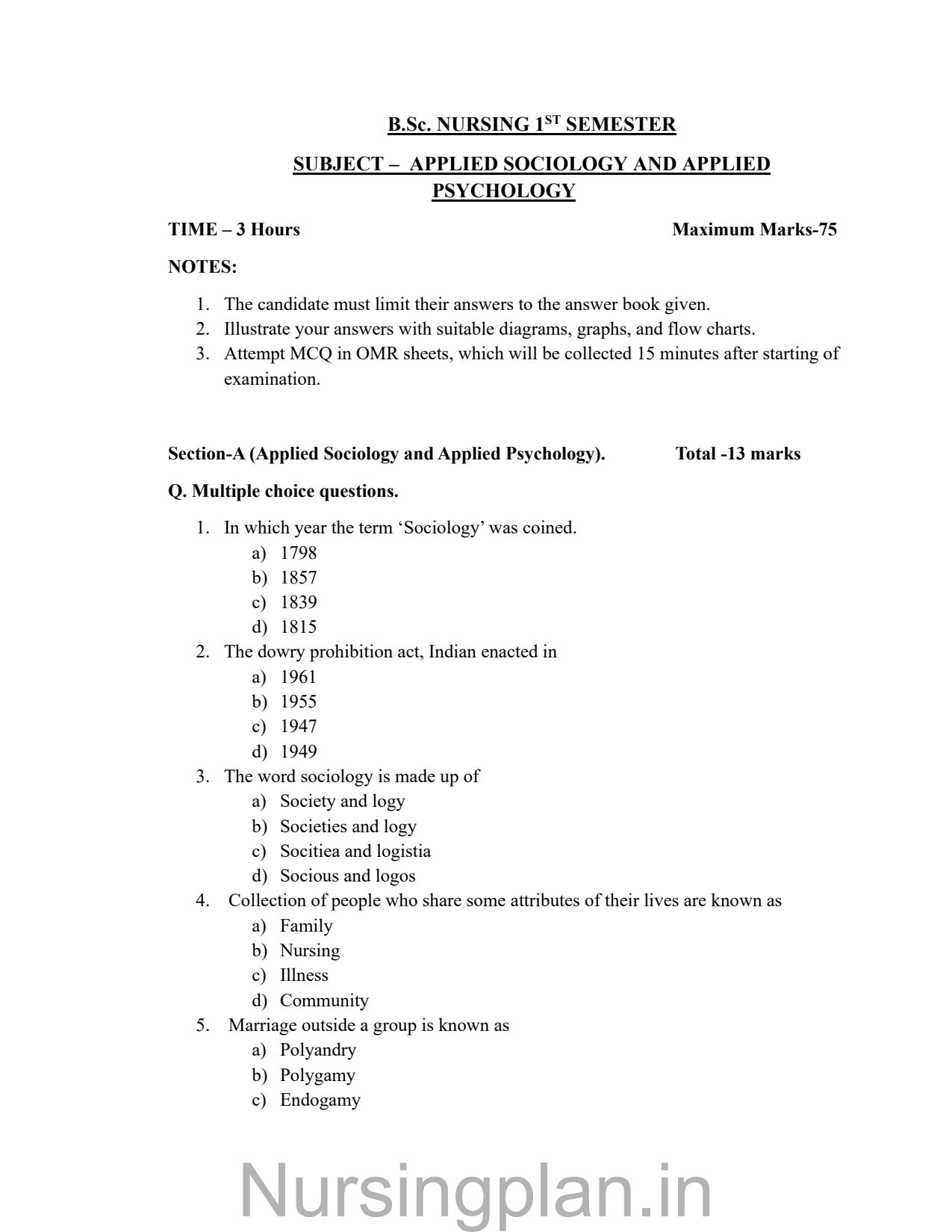 QUESTION PAPER- APPLIED SOCIOLOGY AND APPLIED PSYCHOLOGY