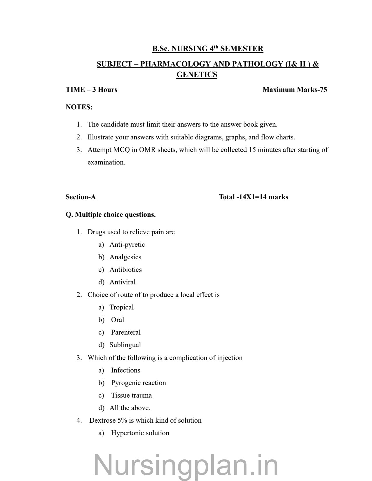 QUESTION PAPER- PHARMACOLOGY AND PATHOLOGY (I & II) & GENETICS (5TH SEMESTER) - Nursing Plan Online