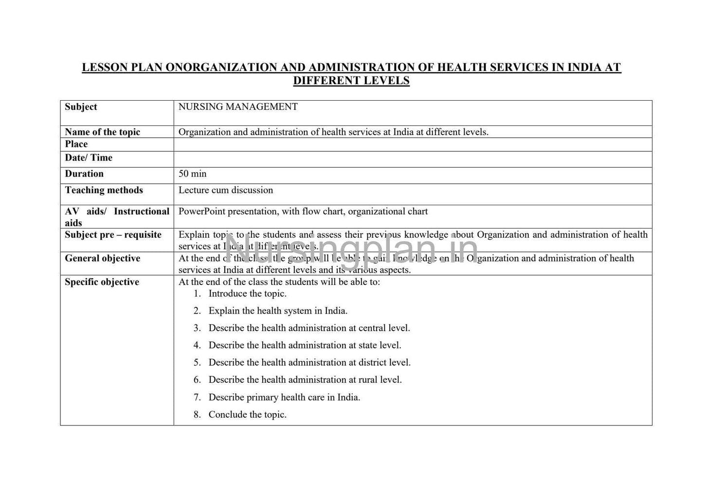 Health Services Organization in India: Comprehensive Lesson Plan for Effective Administration and Management - Nursing Plan Online