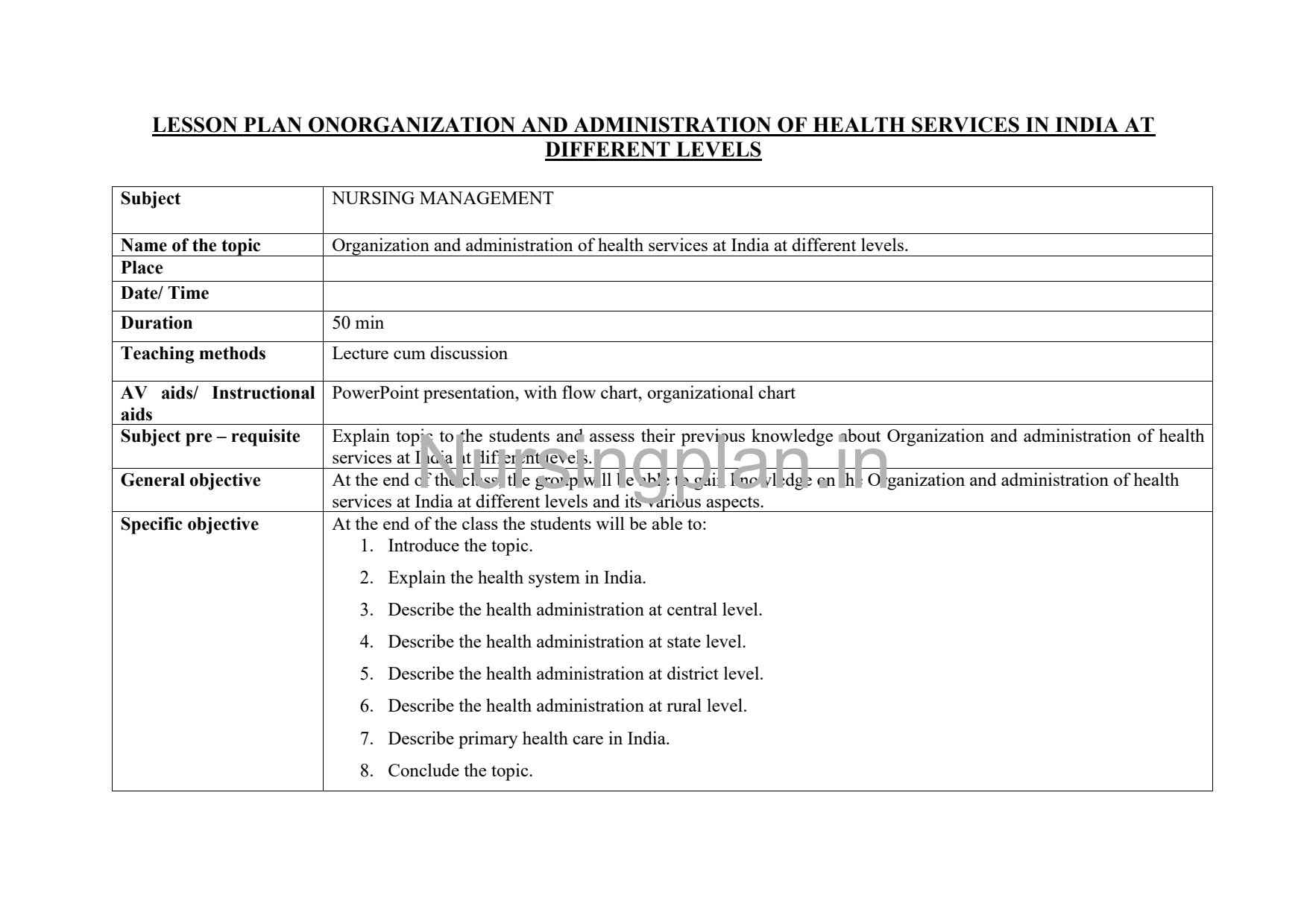 Health Services Organization in India: Comprehensive Lesson Plan for Effective Administration and Management - Nursing Plan Online