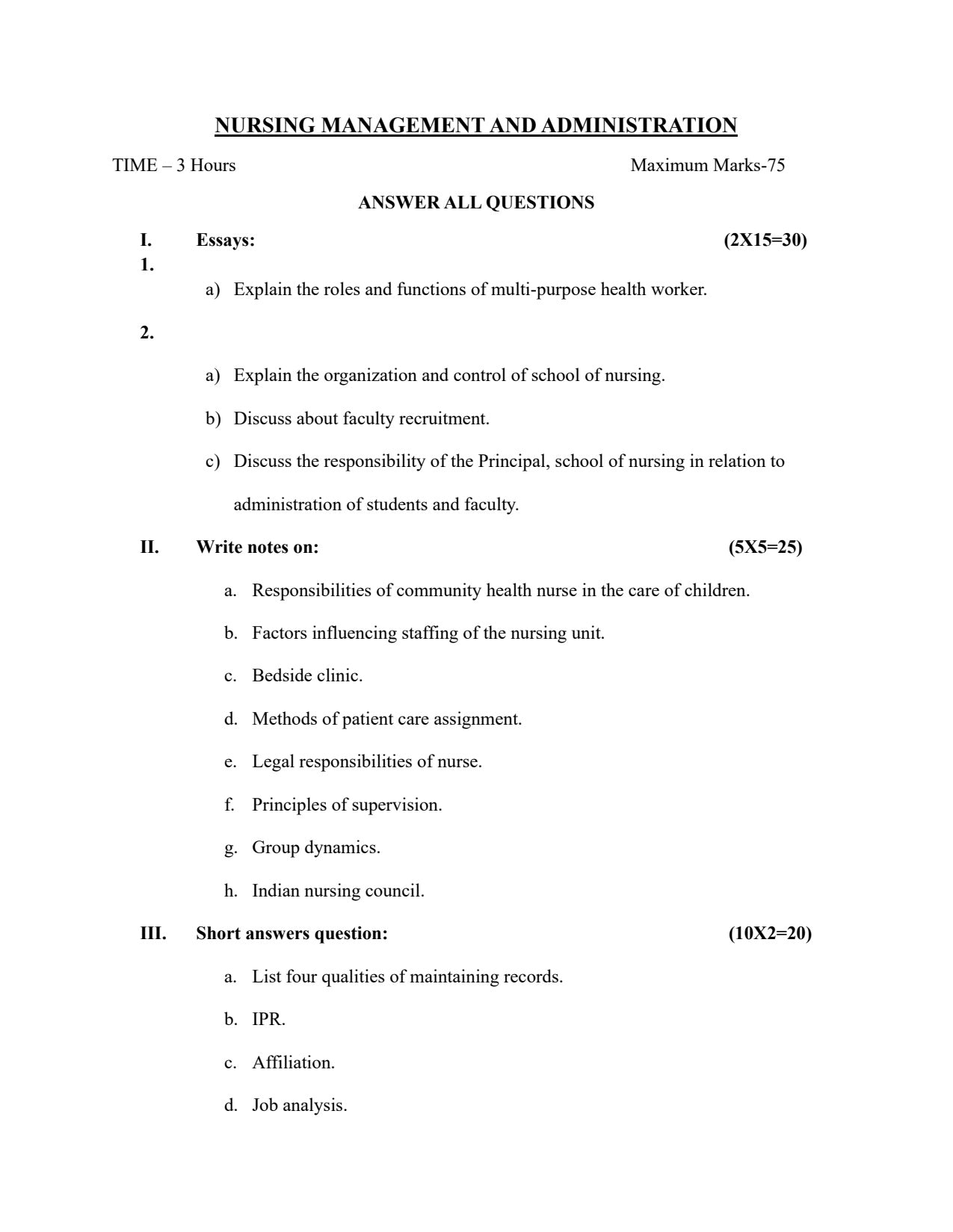 QUESTION PAPER- NURSING MANAGEMENT AND ADMINISTRATION