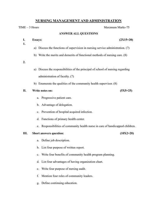 QUESTION PAPER- NURSING MANAGEMENT AND ADMINISTRATION