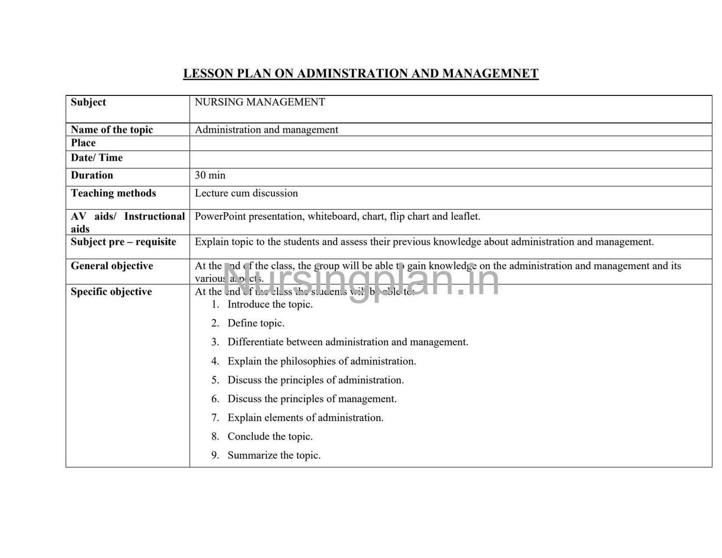Administration and Management Lesson Plan for Effective Learning