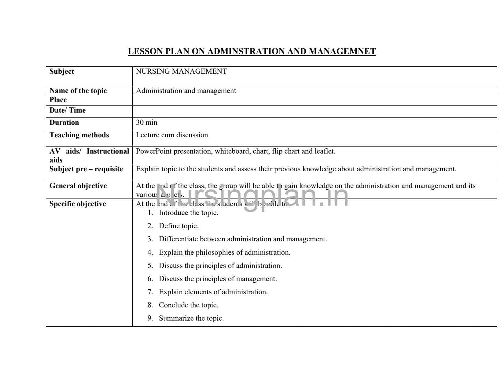Administration and Management Lesson Plan for Effective Learning