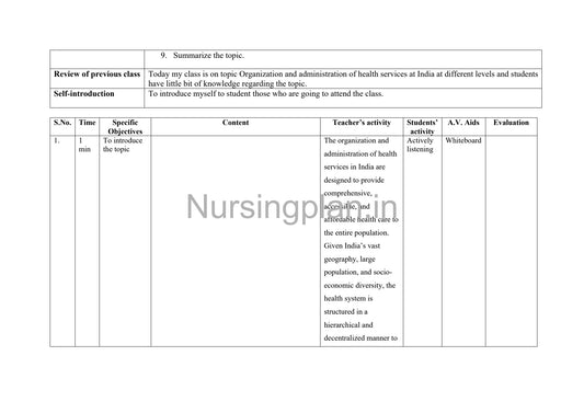 Health Services Organization in India: Comprehensive Lesson Plan for Effective Administration and Management - Nursing Plan Online