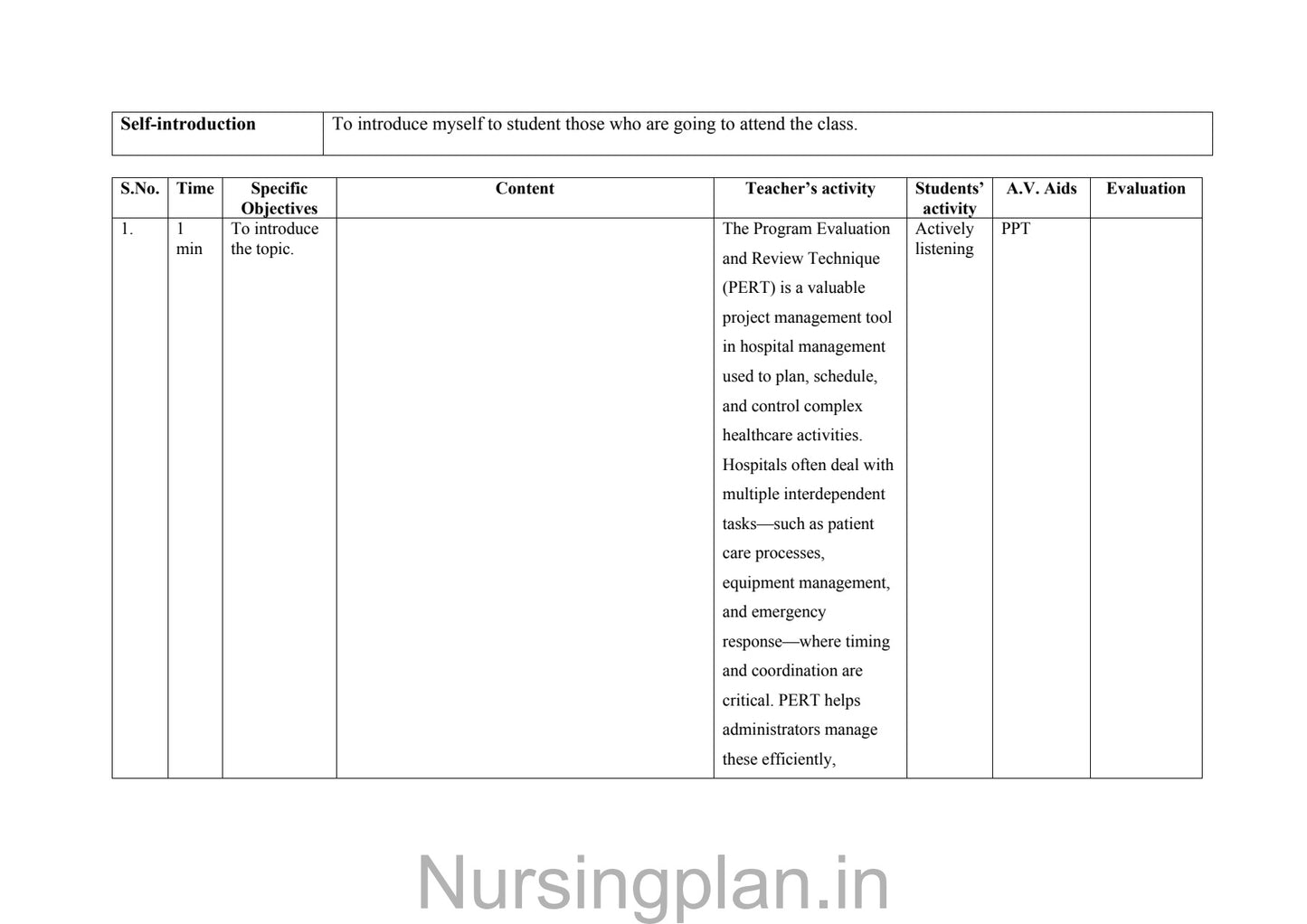 Program evaluation and review technique (PERT) lesson plan