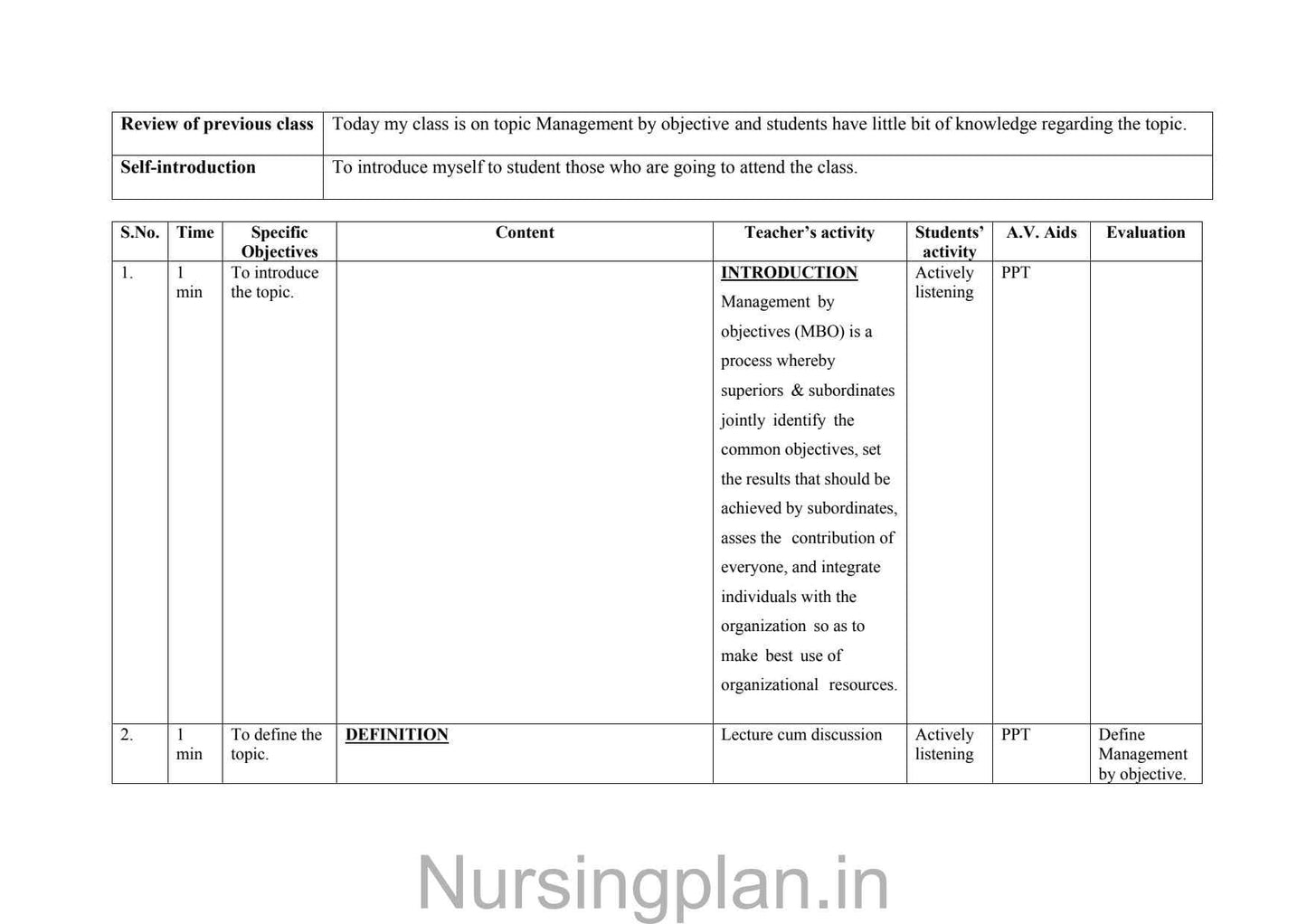 Management by objective (MOB) lesson plan