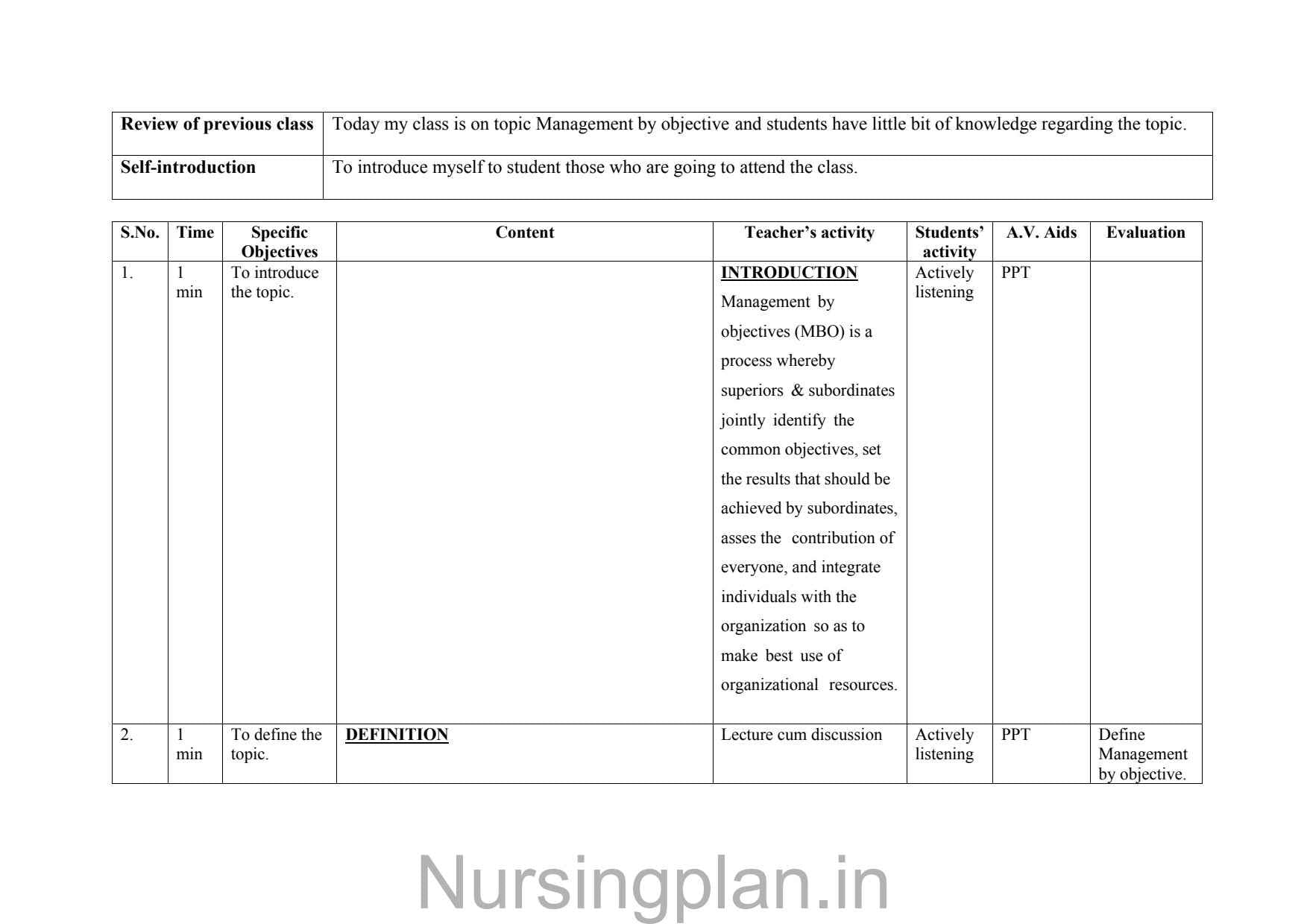 Management by objective (MOB) lesson plan
