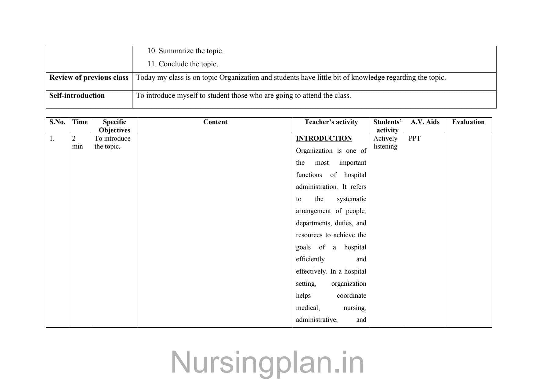 Organization lesson plan