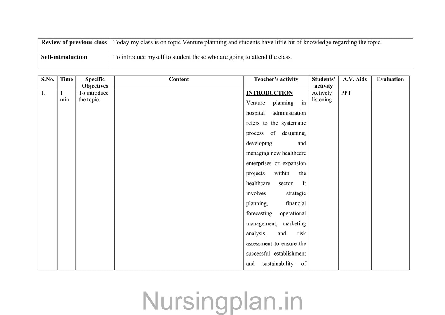 Venture planning lesson plan