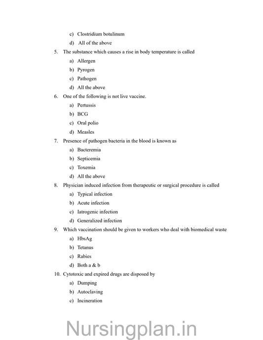 QUESTION PAPER- APPLIED MICROBIOLOGY AND INFECTION CONTROL INCLUDING SAFETY (2ND SEMESTER) - Nursing Plan Online