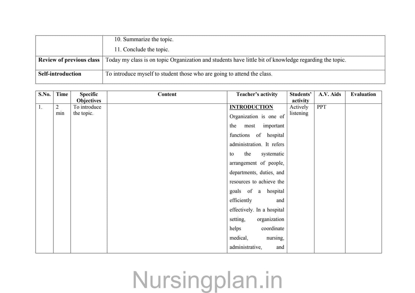 Organizing nursing service lesson plan