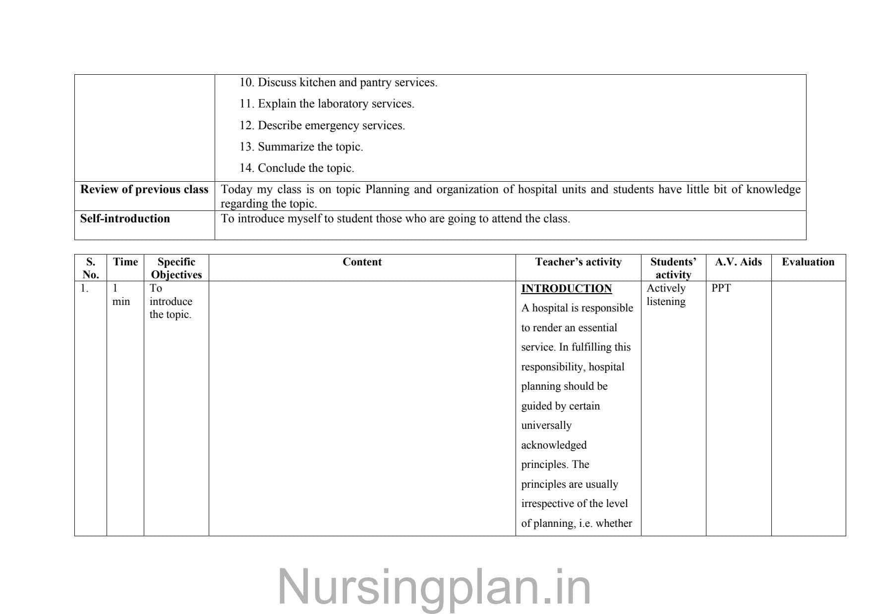 Planning and organization of hospital units lesson plan