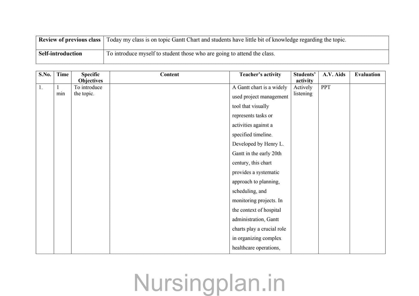 Gantt chart lesson plan