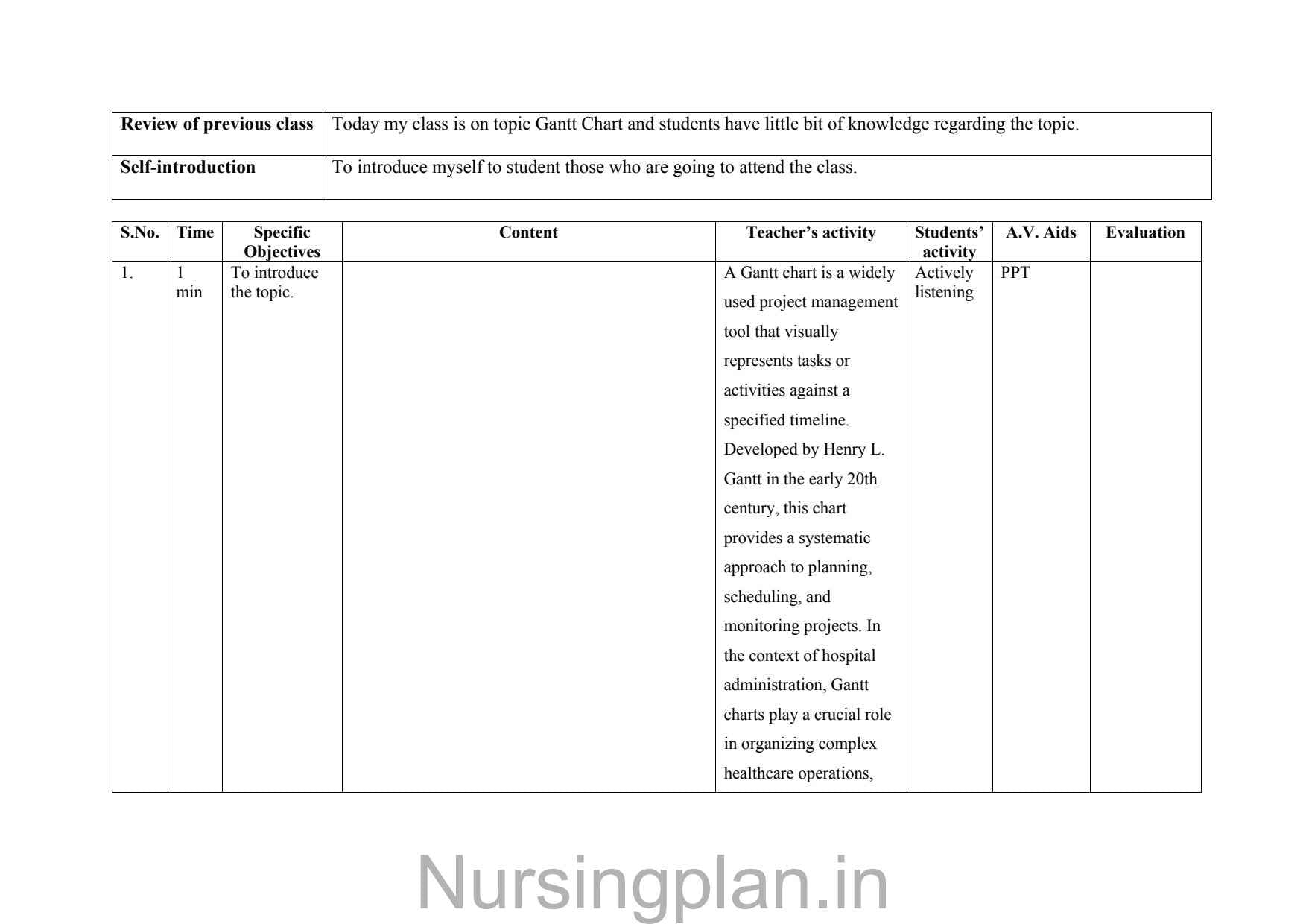 Gantt chart lesson plan