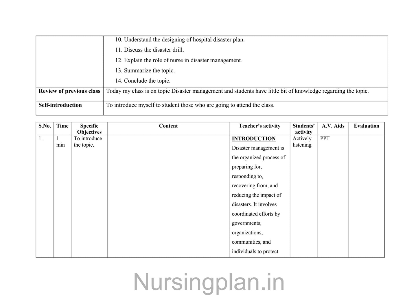 Disaster management lesson plan