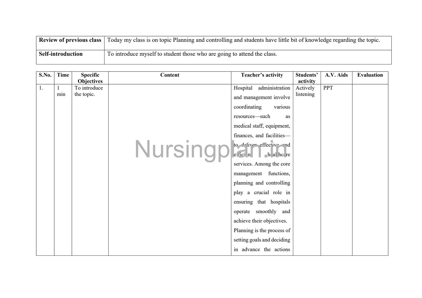 Planning and Controlling Lesson Plan - Nursing Plan Online