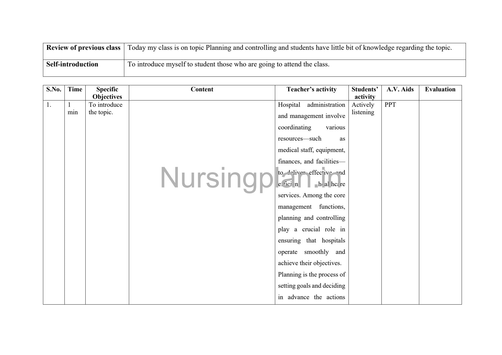 Planning and Controlling Lesson Plan - Nursing Plan Online