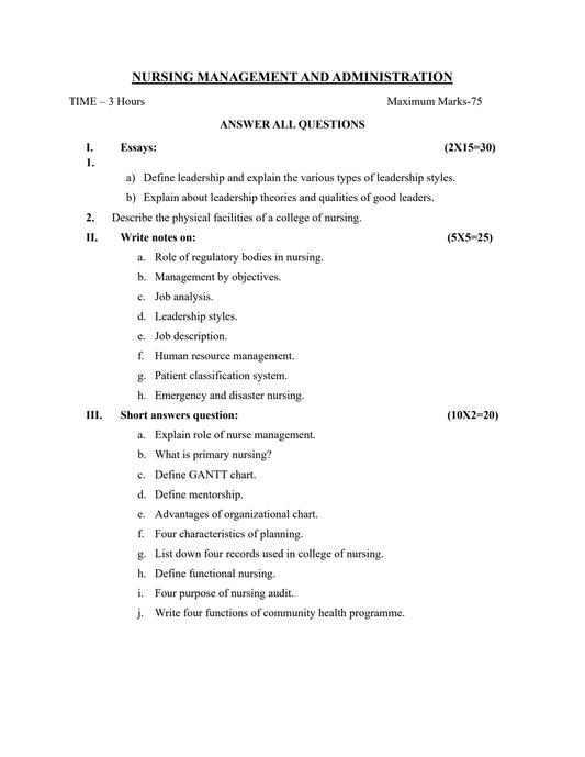 QUESTION PAPER- NURSING MANAGEMENT AND ADMINISTRATION