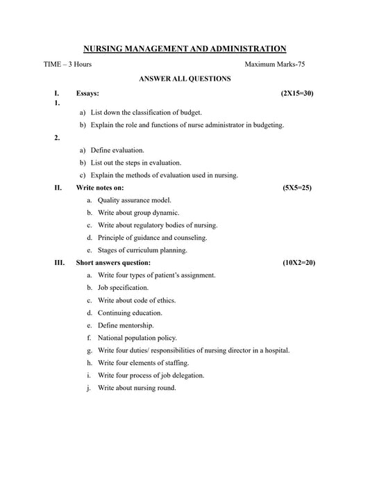 QUESTION PAPER- NURSING MANAGEMENT AND ADMINISTRATION