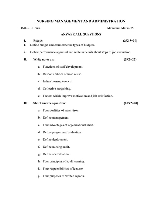 QUESTION PAPER- NURSING MANAGEMENT AND ADMINISTRATION