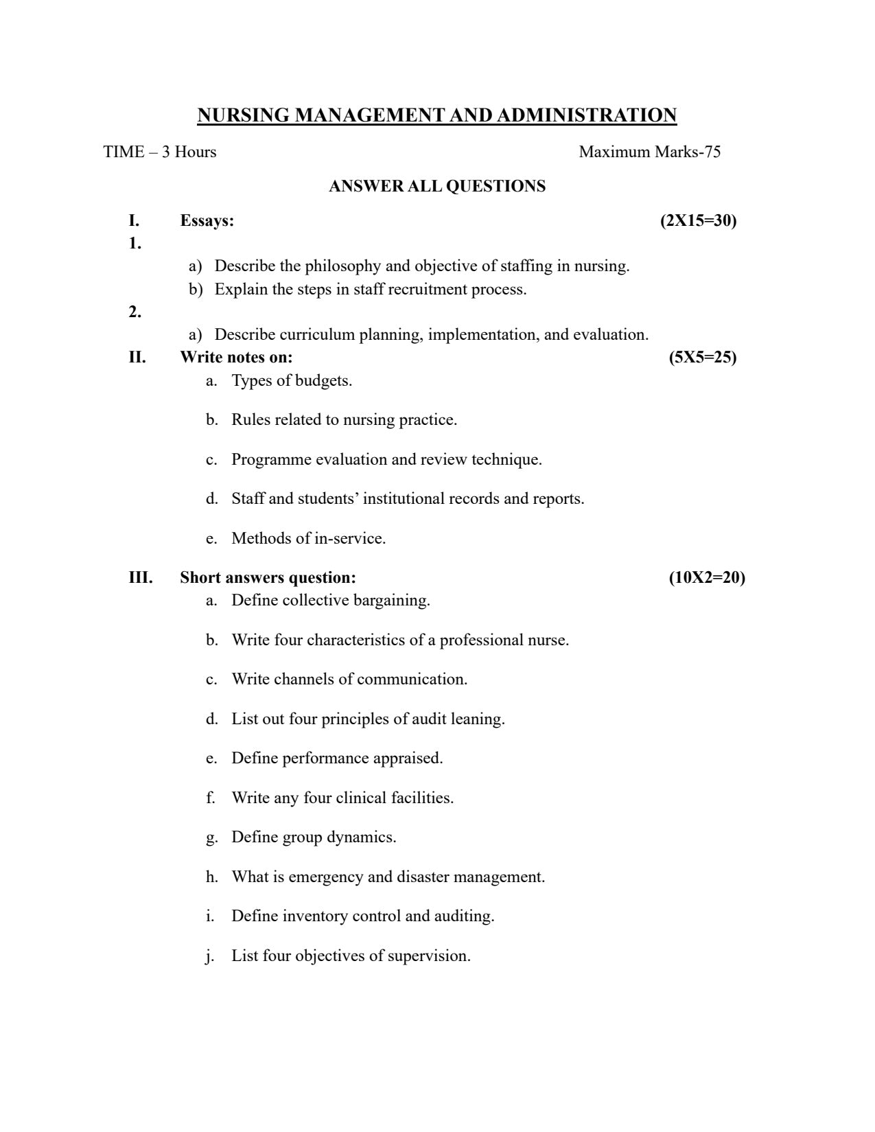 QUESTION PAPER- NURSING MANAGEMENT AND ADMINISTRATION